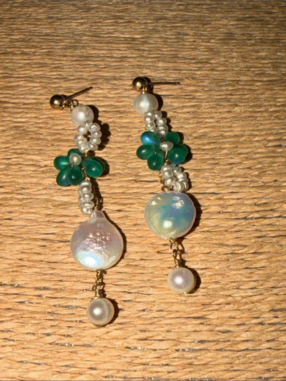 Fresh water coin pearls 14kt gold ball posts German bead flowers pierced ears